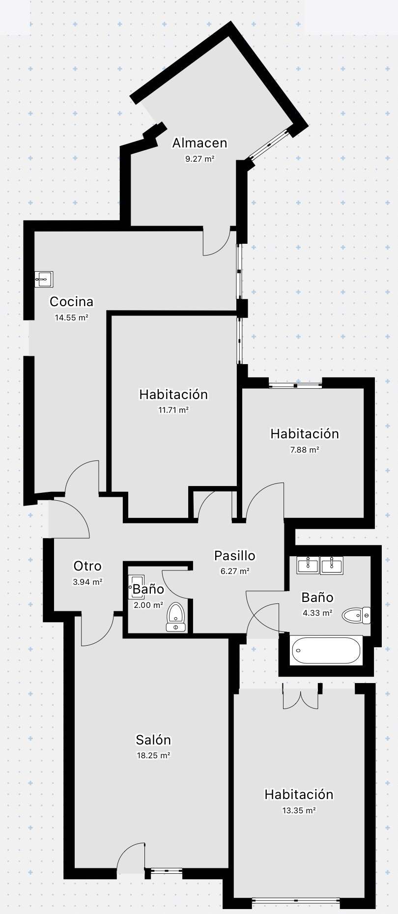Plano del estado actual del piso: almacén, cocina, tres habitaciones, pasillo, dos baños y salón con superficies