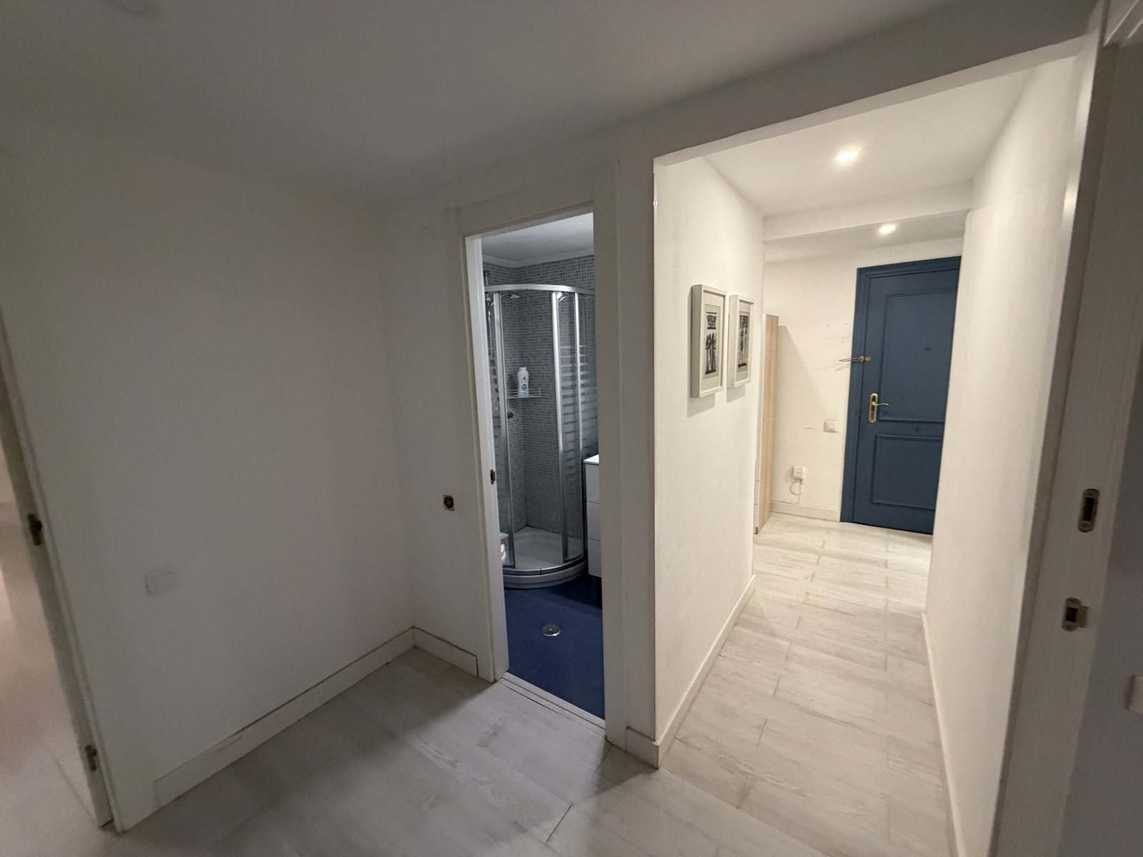 Recibidor con puerta de entrada azul y acceso al baño de ducha